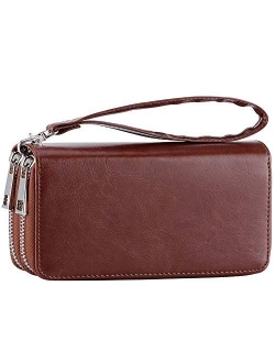 Double Zipper Long Clutch Wallet Cellphone Wallet for Women with Hand Strap for Card, Cash, Coin, Bill