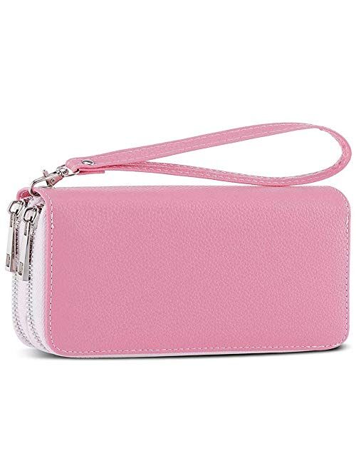 Double Zipper Long Clutch Wallet Cellphone Wallet for Women with Hand Strap for Card, Cash, Coin, Bill