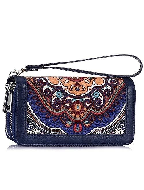 Double Zipper Long Clutch Wallet Cellphone Wallet for Women with Hand Strap for Card, Cash, Coin, Bill