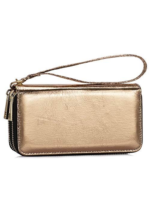 Double Zipper Long Clutch Wallet Cellphone Wallet for Women with Hand Strap for Card, Cash, Coin, Bill