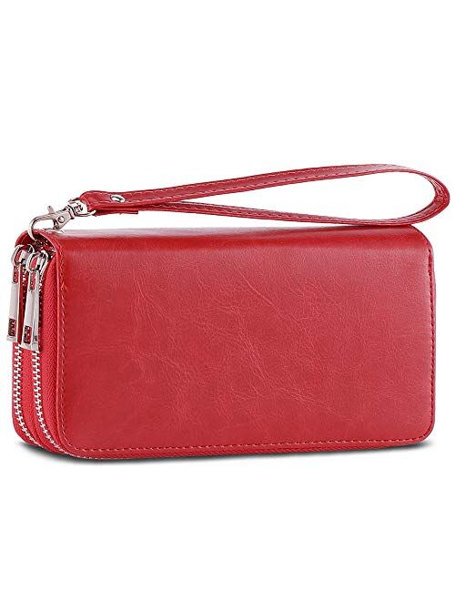 Double Zipper Long Clutch Wallet Cellphone Wallet for Women with Hand Strap for Card, Cash, Coin, Bill