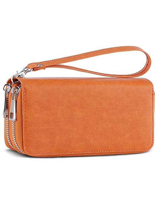 Double Zipper Long Clutch Wallet Cellphone Wallet for Women with Hand Strap for Card, Cash, Coin, Bill