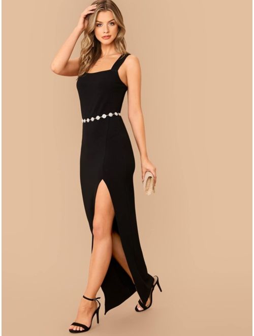 Shein Thick Strap Split Thigh Bodycon Dress Without Belt