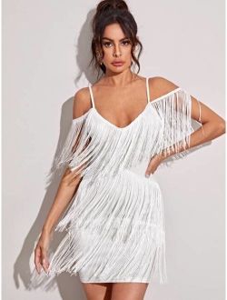 Plunging Neck Layered Fringe Cami Bodycon Dress