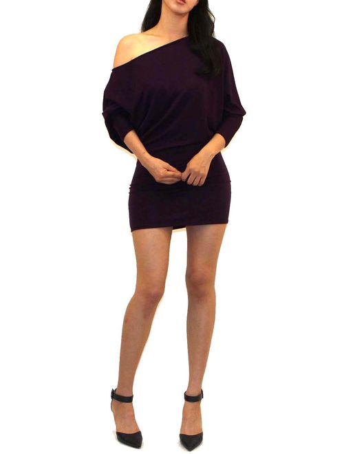 Vivicastle Women's USA Off Shoulder Batwing Kimono Bodycon Mini Jersey Knit Dress