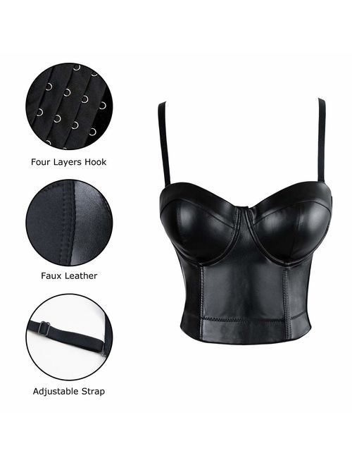 Charmian Women's Spaghetti Straps PU Leather Bustier Crop Top