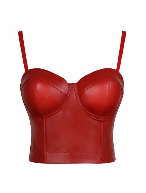 Charmian Women's Spaghetti Straps PU Leather Bustier Crop Top