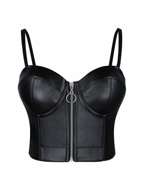 Charmian Women's Spaghetti Straps PU Leather Bustier Crop Top