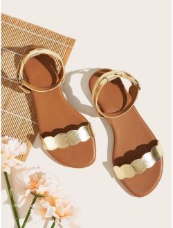 Scalloped Ankle Strap Flat Sandals