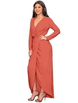 Womens Long Sleeve Formal Wrap Draped Cocktail V-Neck Gown Maxi Dress