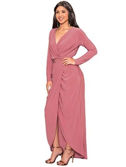 Womens Long Sleeve Formal Wrap Draped Cocktail V-Neck Gown Maxi Dress