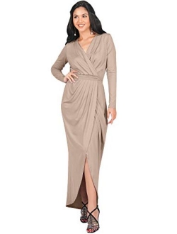 Womens Long Sleeve Formal Wrap Draped Cocktail V-Neck Gown Maxi Dress