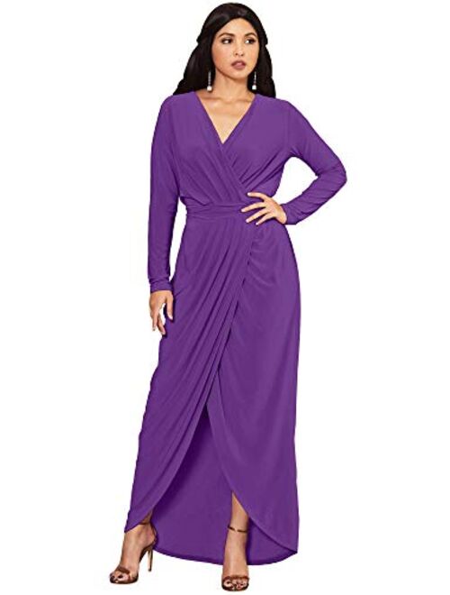 KOH KOH Womens Long Sleeve Formal Wrap Draped Cocktail V-Neck Gown Maxi Dress