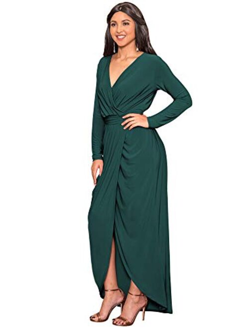 KOH KOH Womens Long Sleeve Formal Wrap Draped Cocktail V-Neck Gown Maxi Dress