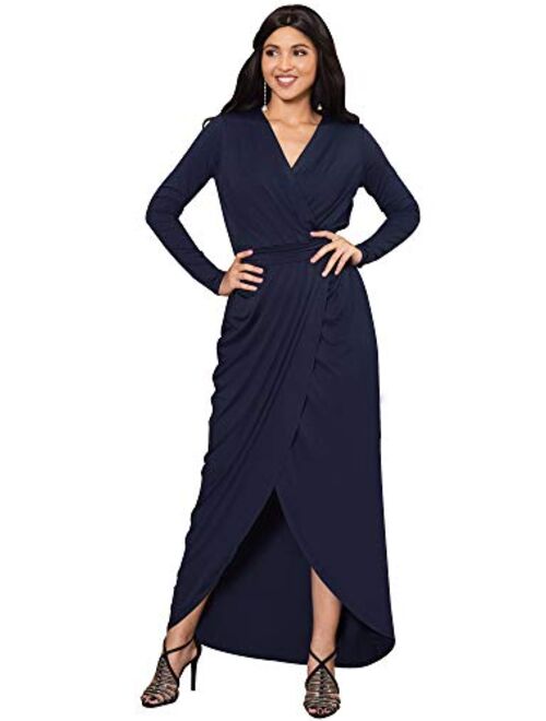 KOH KOH Womens Long Sleeve Formal Wrap Draped Cocktail V-Neck Gown Maxi Dress