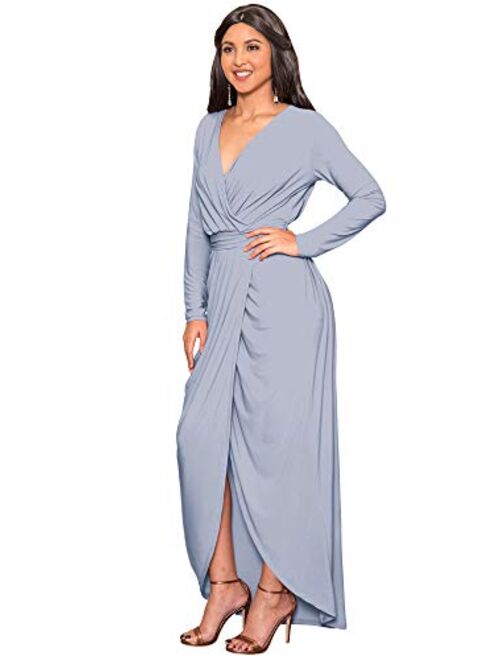 KOH KOH Womens Long Sleeve Formal Wrap Draped Cocktail V-Neck Gown Maxi Dress