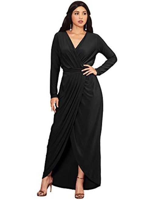 KOH KOH Womens Long Sleeve Formal Wrap Draped Cocktail V-Neck Gown Maxi Dress