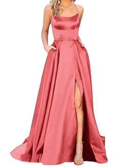 YMSHA Womens Long Halter Split Prom Party Dresses with Pockets Spaghetti Straps Evening Formal Gown PM10