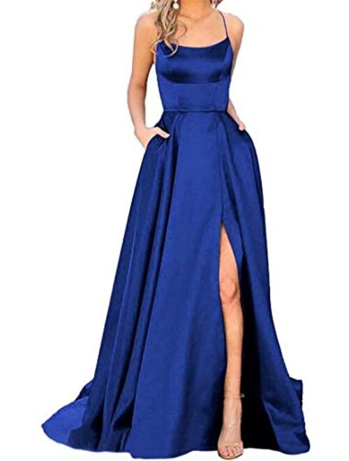 YMSHA Womens Long Halter Split Prom Party Dresses with Pockets Spaghetti Straps Evening Formal Gown PM10