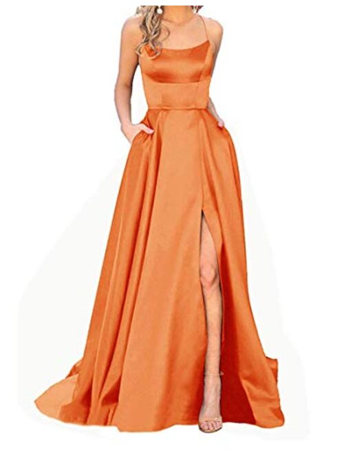 YMSHA Womens Long Halter Split Prom Party Dresses with Pockets Spaghetti Straps Evening Formal Gown PM10