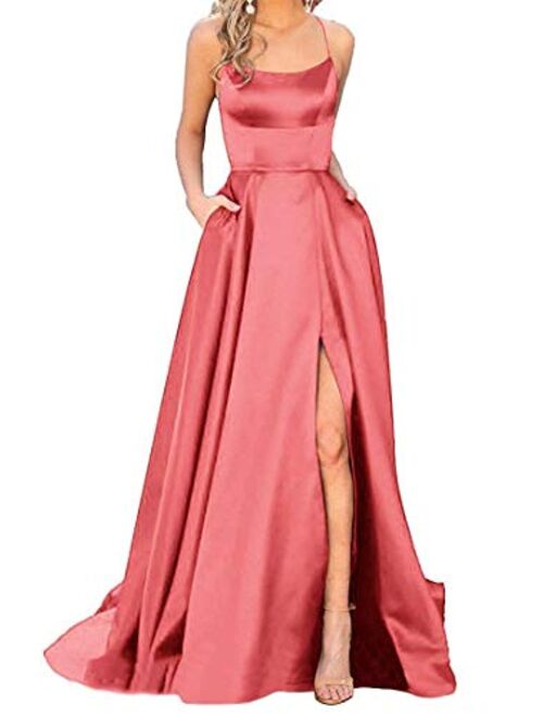 YMSHA Womens Long Halter Split Prom Party Dresses with Pockets Spaghetti Straps Evening Formal Gown PM10