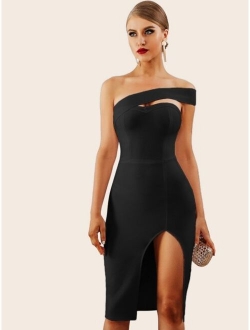 Adyce Solid One Shoulder Split Thigh Pencil Dress