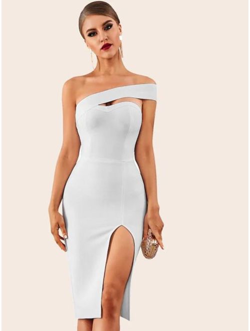 Shein Adyce Solid One Shoulder Split Thigh Pencil Dress