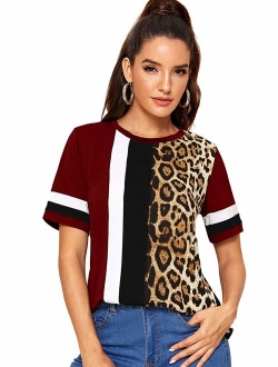 Women's Casual Leopard Printed Short Sleeve Color Block T Shirts Tops