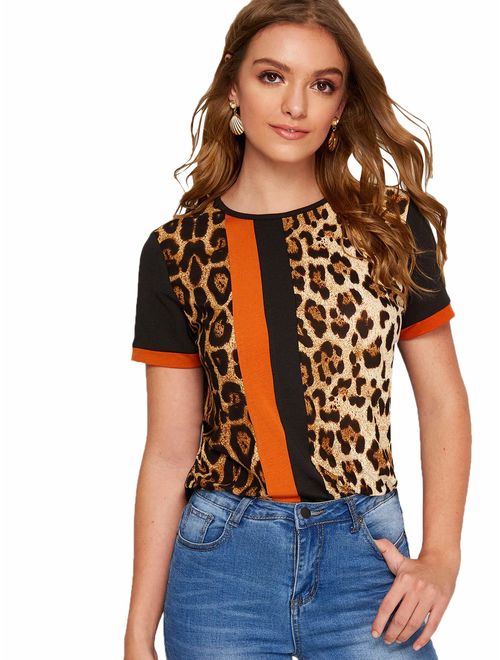 Floerns Women's Casual Leopard Printed Short Sleeve Color Block T Shirts Tops