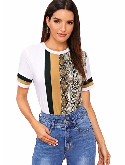 Floerns Women's Casual Leopard Printed Short Sleeve Color Block T Shirts Tops