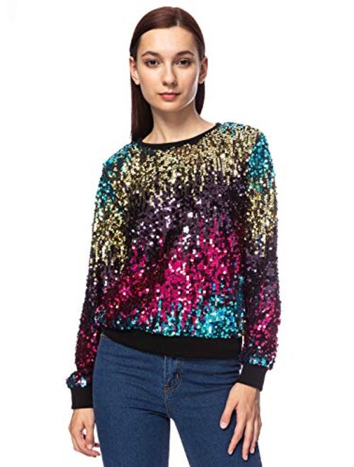 Anna Kaci Anna-Kaci Women's Sequin Crewneck Sweatshirt Long Sleeve Sparkly Pullover Top