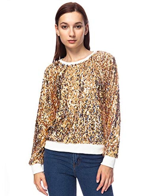 Anna Kaci Anna-Kaci Women's Sequin Crewneck Sweatshirt Long Sleeve Sparkly Pullover Top