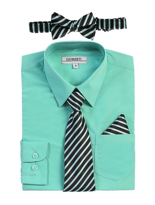 Gioberti Little Boys Mint Shirt Necktie Bow Tie Pocket Square 4 Pc Set