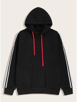 Men Side Stripe Raglan Sleeve Drawstring Hoodie