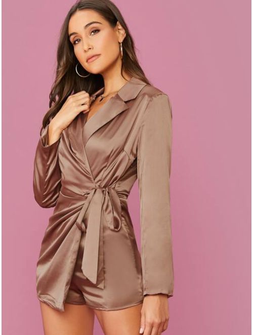 Shein Long Sleeve Satin Wrap Romper