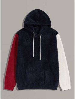 Men Contrast Sleeve Drawstring Sherpa Hoodie