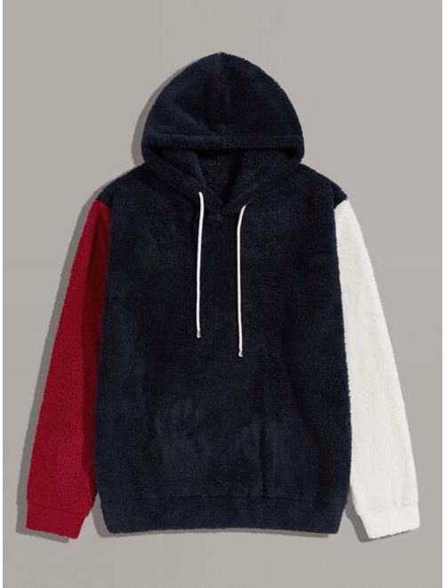 Shein Men Contrast Sleeve Drawstring Sherpa Hoodie