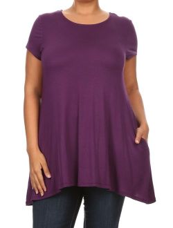 Women's PLUS trendy style, solid, short sleeve side pocket tunic top.