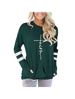 AELSON Women's Casual Faith Printed Round Neck Sweatshirt T-Shirts Tops Blouse with Pocket