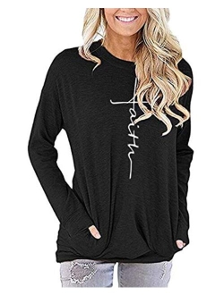 AELSON Women's Casual Faith Printed Round Neck Sweatshirt T-Shirts Tops Blouse with Pocket