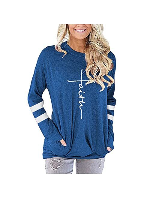 AELSON Women's Casual Faith Printed Round Neck Sweatshirt T-Shirts Tops Blouse with Pocket