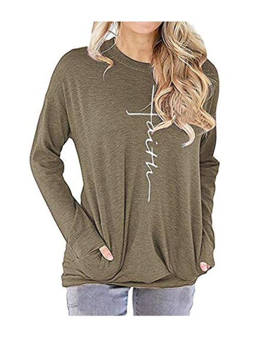 AELSON Women's Casual Faith Printed Round Neck Sweatshirt T-Shirts Tops Blouse with Pocket