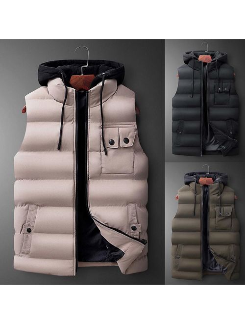 Allywit L- 7XL Men Winter Hooded Outerwear Packable Puffer Down Vest Zipper Down Jacket Coat Big and Tall