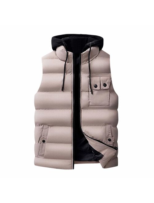 Allywit L- 7XL Men Winter Hooded Outerwear Packable Puffer Down Vest Zipper Down Jacket Coat Big and Tall