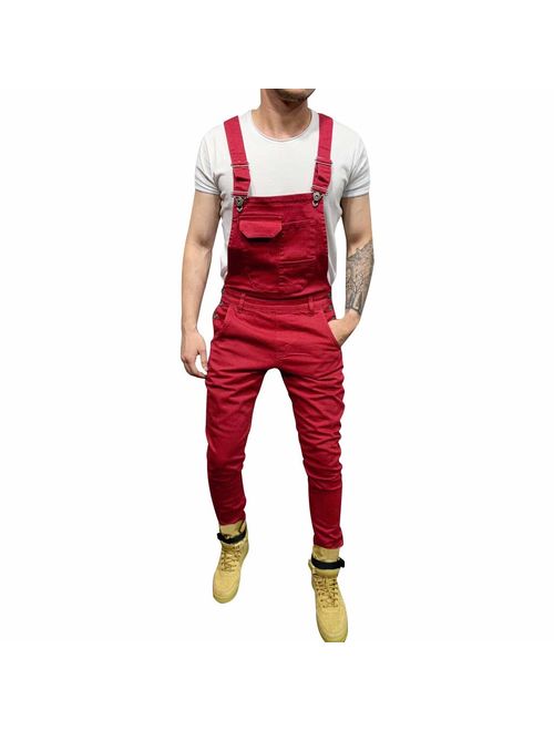 WOCACHI Mens Overalls Bib Jumpsuit Jeans Denim Bib Dungarees Trousers Ripped Suspender Pants with Pockets