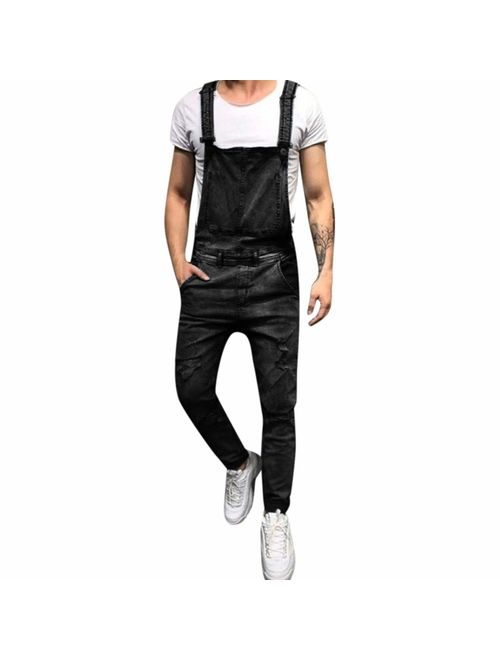 WOCACHI Mens Overalls Bib Jumpsuit Jeans Denim Bib Dungarees Trousers Ripped Suspender Pants with Pockets