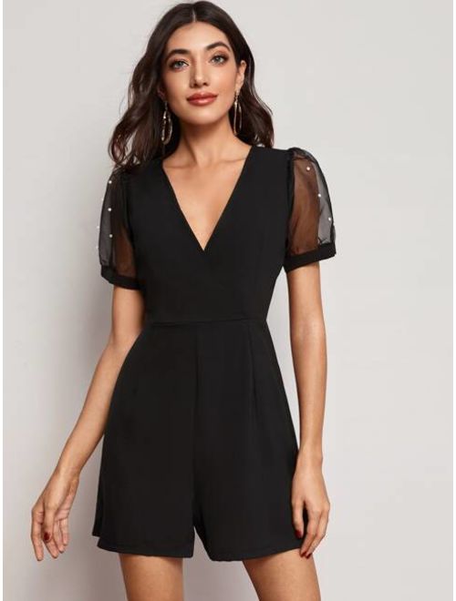 Buy Shein Solid Mesh Puff Sleeve Pearls Beaded Romper online | Topofstyle