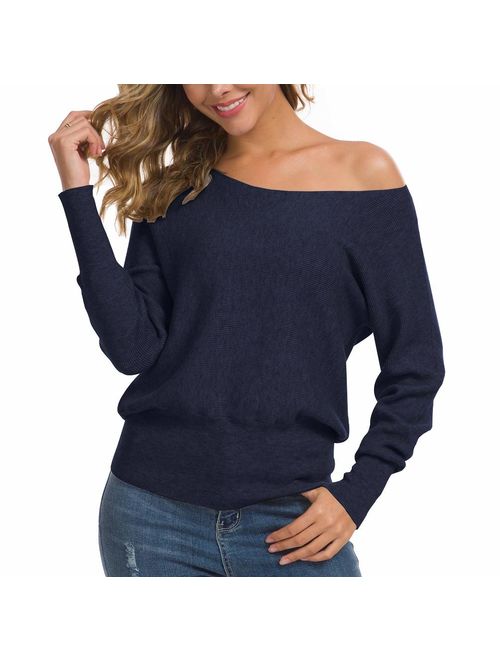 Feiersi Women's Off Shoulder Sweater Long Sleeve Loose Pullover Knit Jumper