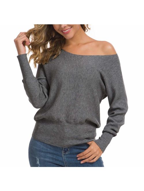 Feiersi Women's Off Shoulder Sweater Long Sleeve Loose Pullover Knit Jumper