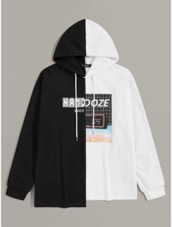 Men Graphic Two Tone Stepped Hem Hoodie